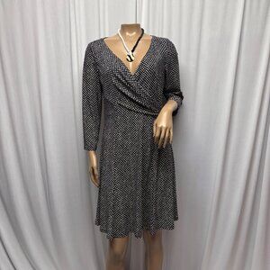 Chaps Black White Print Faux Wrap Dress Womens Size Medium Stretchy Office Party